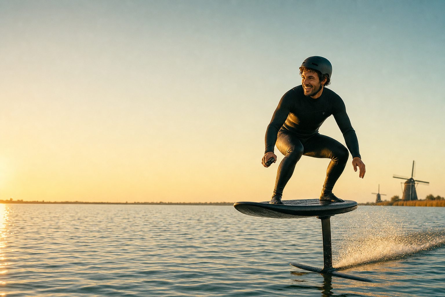 Jonge eFoiler met helm zweeft lachend boven een Nederlandse plas, met twee molens aan de horizon